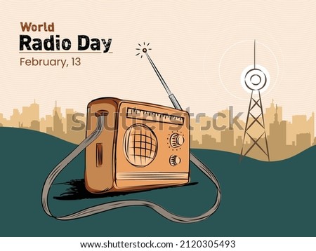 World Radio Day (13th February), hand drawn flat line-art Vector Illustration.