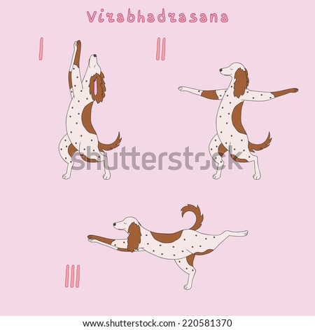 Illustration of virabhadrasana 1,2,3 (I,II,III) pose instruction with a cute dog - animal yoga, eps 10 file