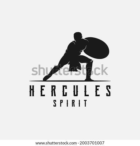 hercules holding shield, muscular myth greek warrior silhouette logo design template