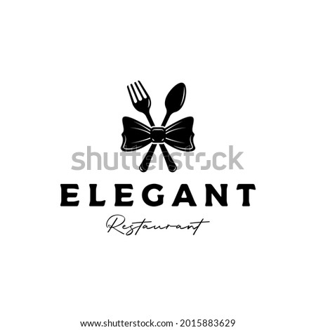 elegant ,luxury, silhouette restaurant logo design vector with bow tie, fork and, spoon