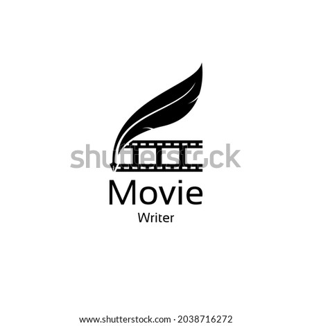 movie writer cinema film production with filmstrip and quill feather pen logo design