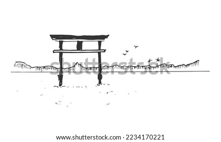Landscape hand drawn japanese traditional torii gate with scenic view background. Torii gate pencil sketch vintage drawing vector illustration.