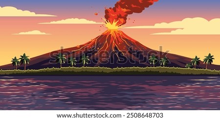 Sunset Erupting Volcano Vector Landscape Illustration