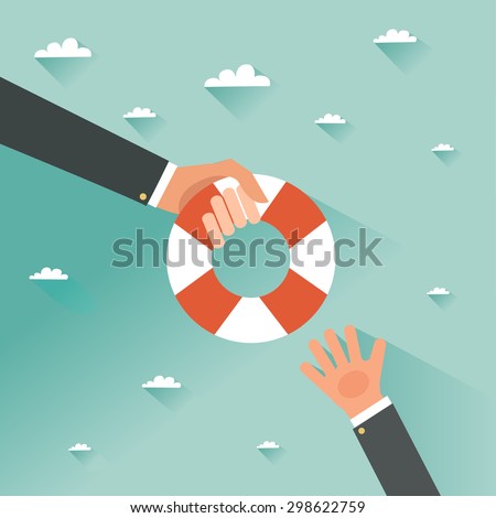 Helping Business to survive. Drowning businessman getting lifebuoy from another businessman. Business help, support, survival, investment concept. Vector colorful illustration in flat style