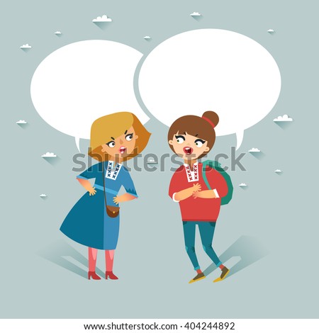 Two teenage girls talking. Speech bubbles with empty space for your text. Vector colorful illustration in flat style 