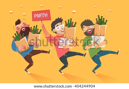 Crowd of people going to the party. Youth lifestyle. Three happy young men with packages of beer, pizza and 