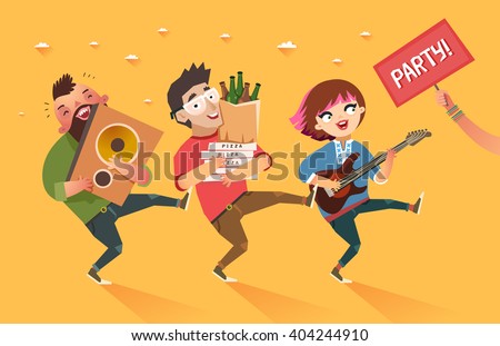 Crowd of people going to the party. Youth lifestyle. Happy young boys and girl with guitar, loudspeaker and packages of beer, pizza and 