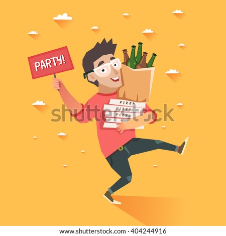 Party after hard work or study. Happy hipster boy running with package of beer bottles and pizza, hand with 