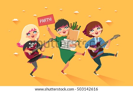 Crowd of girls going to the party. Youth lifestyle. Happy young girls with guitars and packages of beer, pizza and 