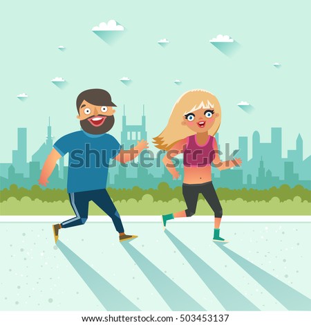 Young couple running an jogging, man and woman on urban city background. Healthy lifestyle, fitness and urban sport concept. Vector colorful illustration in flat style