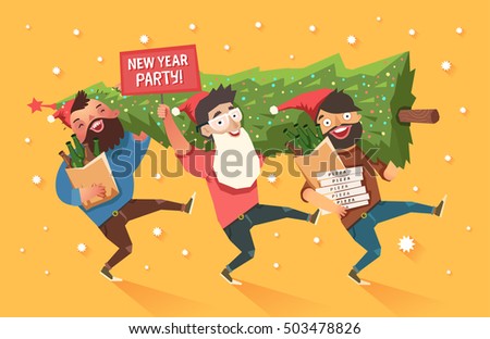 Crowd of people going to the New Year and Christmas party. Youth lifestyle. Three happy young men with packages of beer, pizza and 