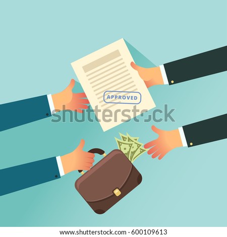 Corruption and Bribery in business concept. Insider trading. Two business people holding in their hands approved paper and case of money. Vector illustration in flat style