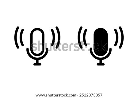 Mic voice over icon or studio microphone recording podcast pictogram silhouette line black white graphic clipart simple design, radio sound assistant speaker button, color editable