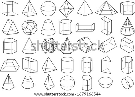 Basic stereometry shapes line set of cuboid octahedron pyramid prism cube cone cylinder torus isolated vector illustrationv