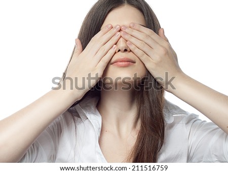 closeup portrait of attractive  caucasian  woman brunette isolated on white studio shot lips  face hair head and shoulders eyes closed by hands businesswoman