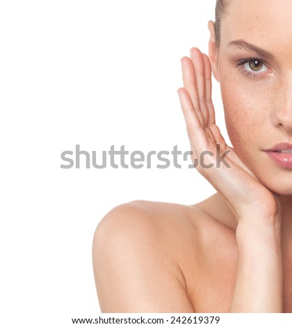 closeup portrait of attractive young  caucasian  woman brunette isolated on white studio shot lips face head and shoulders looking at camera