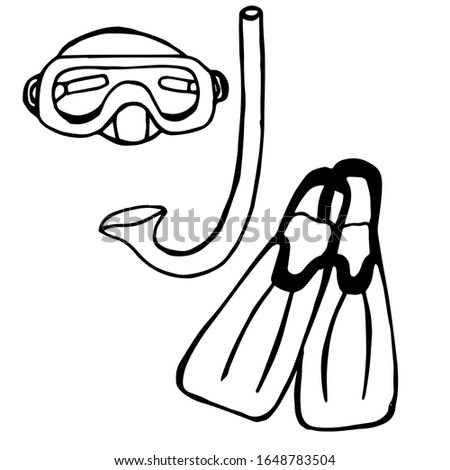 
Vector illustration.Close-up fins and mask for diving under water on an isolated white background.Design for coloring books, covers, print clothes.