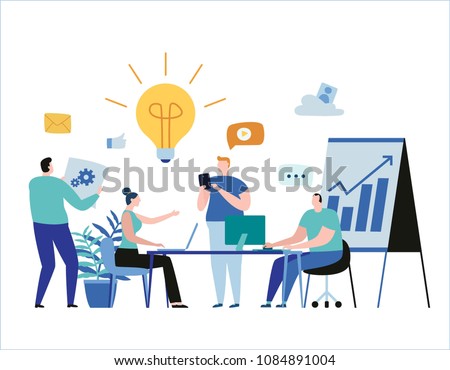 Young business people team. vector illustration banner.
planning project marketing strategy concept. sharing ideas, preparing presentations, coaching women and men using laptop.
flat cartoon design