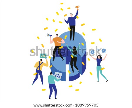 leadership qualities creative
successful team,
happy small people standing on a pie for winner
way to success. overcoming the obstacles.