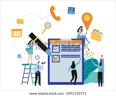 small people team fill out a form.
Vector illustration banner.
agenda assistance business concept
Miniature businessman and woman
flat cartoon design for web mobile