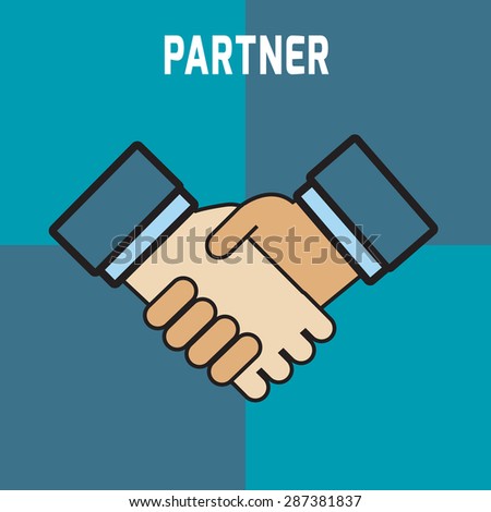 Two business partners deal and  doing handshaking.\
modern design flat icon. isolated on  blue background.\
graphic vector illustration.\
agreed  concept.