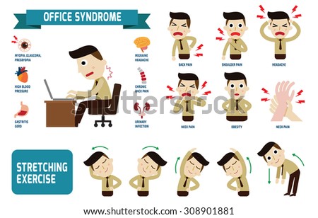 Office syndrome Infographics.
health concept. infographic element.
vector flat icons cartoon design. illustration.
on white background. isolated.