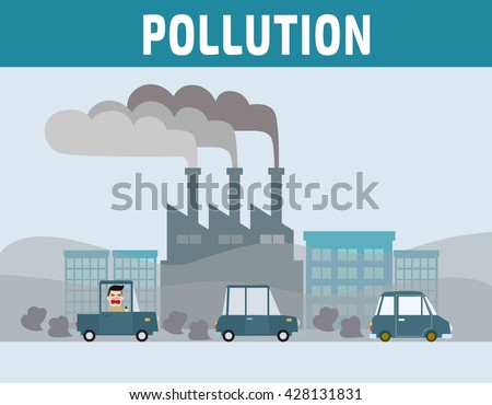 Factory pipe polluting air. Car pollution.
Motorist in cities with air pollution.
Environmental problems concept.
cartoon flat vector illustration.