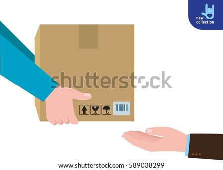 Closeup. busines man hand accepting a delivery of boxes from deliveryman
Courier Hands with postal cardboard box.
service concept.
Vector flat cartoon design illustration.
Isolated white background.