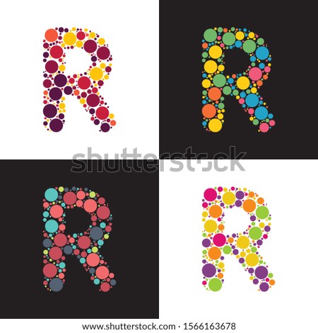 Vector colorful Dotted letter R filled with circles. Stylized colorful set of letter with bubbles