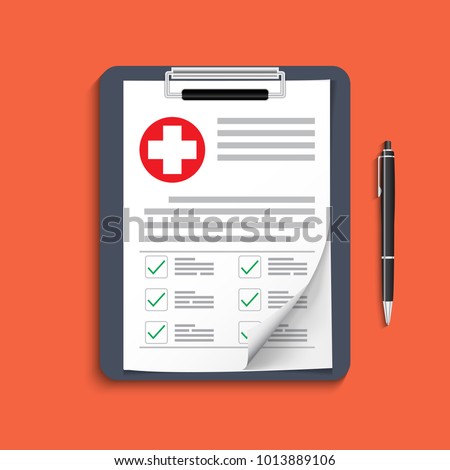 Clipboard with medical cross and pen. Clinical record, prescription, claim, medical check marks report, health insurance concepts. Premium quality. Modern flat design graphic elements. Vector illustra