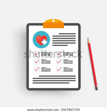 Clipboard with medical cross and pencil. Clinical record, prescription, claim, medical check marks report, health insurance concepts. Premium quality. Modern flat design graphic elements.