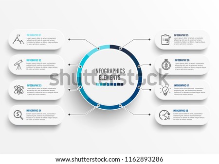 Vector infographic template with 3D paper label, integrated circles. Business concept with 8 options. For content, diagram, flowchart, steps, parts, timeline infographics, workflow, chart.