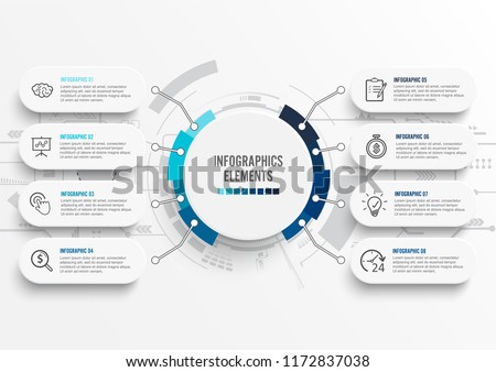 Vector infographic template with 3D paper label, integrated circles. Business concept with 8 options. For content, diagram, flowchart, steps, parts, timeline infographics, workflow, chart.