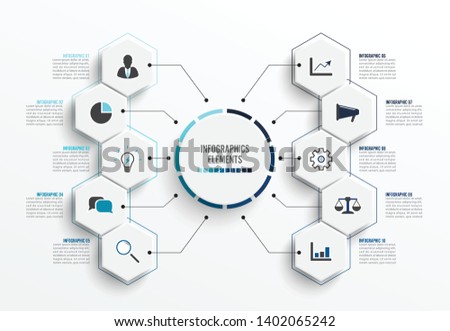 Vector infographic template with 3D paper label, integrated circles. Business concept with 10 options. For content, diagram, flowchart, steps, parts, timeline infographics, workflow, chart.
