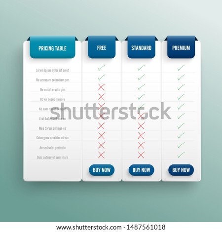 Comparison pricing list. Comparing price or product plan chart compare products business purchase discount hosting image grid. Services cost table unlimited menu planning vector infographics template.