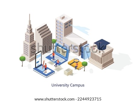 University campus in an education and higher learning.  Boys Learning Together with Smartphone, Laptop, Books. Distance Education Technology Concept. Flat Isometric Vector Illustration.