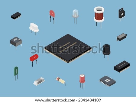 Set of different 3D electronic components , vector illustration.