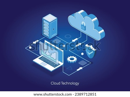 Isometric Modern Cloud Technology and Networking, Big Data Flow Processing Concept. Cloud Service, Cloud Storage Web Cloud Technology Business.
