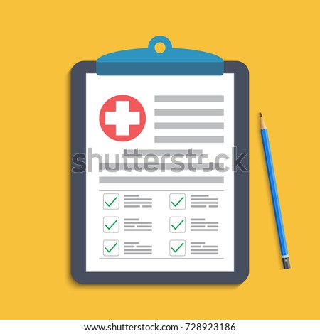 Clipboard with medical cross and pen. Clinical record, prescription, claim, medical check marks report, health insurance concepts. Premium quality. Modern flat design graphic elements.