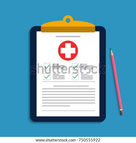 Clipboard with medical cross and pen. Clinical record, prescription, claim, medical check marks report, health insurance concepts. Premium quality. Modern flat design graphic elements. 