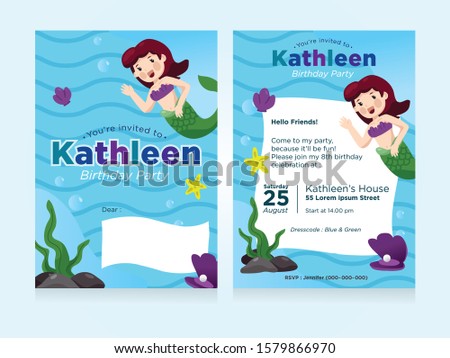 A Ariel Mermaid Sea Theme Party Invitation Design For Girls and Teen. 2 Sided design and all the information should be updated.
