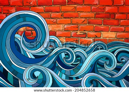 Sea crestless wave near a brick wall/ Water Wall / scan of a painting