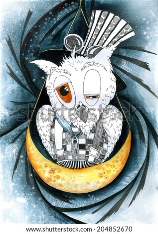an owl sitting on a moon, half sleeping or blinking /The Dream Keeper / scan of a painting