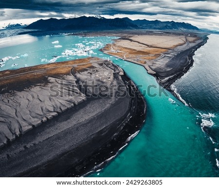 Similar – Image, Stock Photo Glacier Lagoon with icebergs from above. Aerial View. Cracked Ice from drone view. Background texture concept.