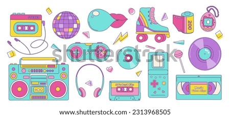 Set of colorful elements 80s 90s, retro badge, emblem, fashionable patch. Vector illustration