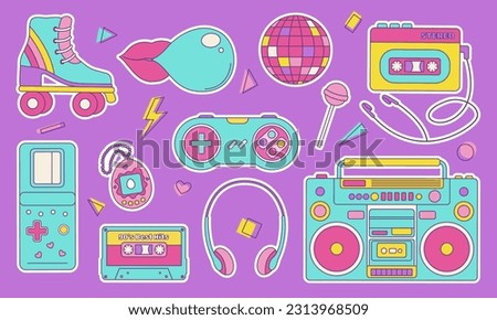 Set of colorful elements 80s 90s, retro badge, emblem, fashionable patch. Vector illustration