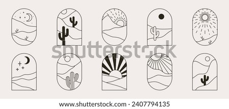 Bohemian linear logos desert with cactus, mountains, sandy, sun and moon. Vector abstract set