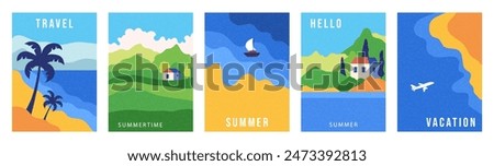 Summer nature landscape card or poster, big set with sunny beach view, sand, sea shore with blue wave and mountains, houses. Travel concept, holidays, vacation vector illustrations