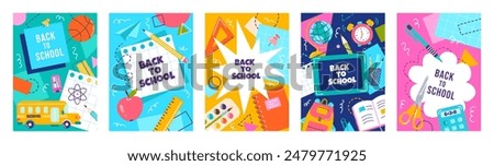 Vector posters big set in trendy style with geometric shapes, design elements on school themes. Back to school, education concept