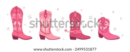 Cowgirl pink boots set. Flat hand drawn vector illustration. Cowboy Western and Wild West concept